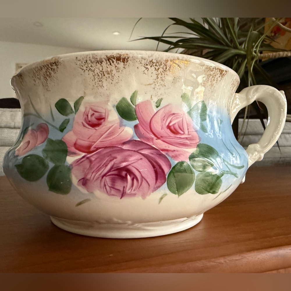 Antique Floral Porcelain Chamber Pot with Pink Roses, Floral Plant Container